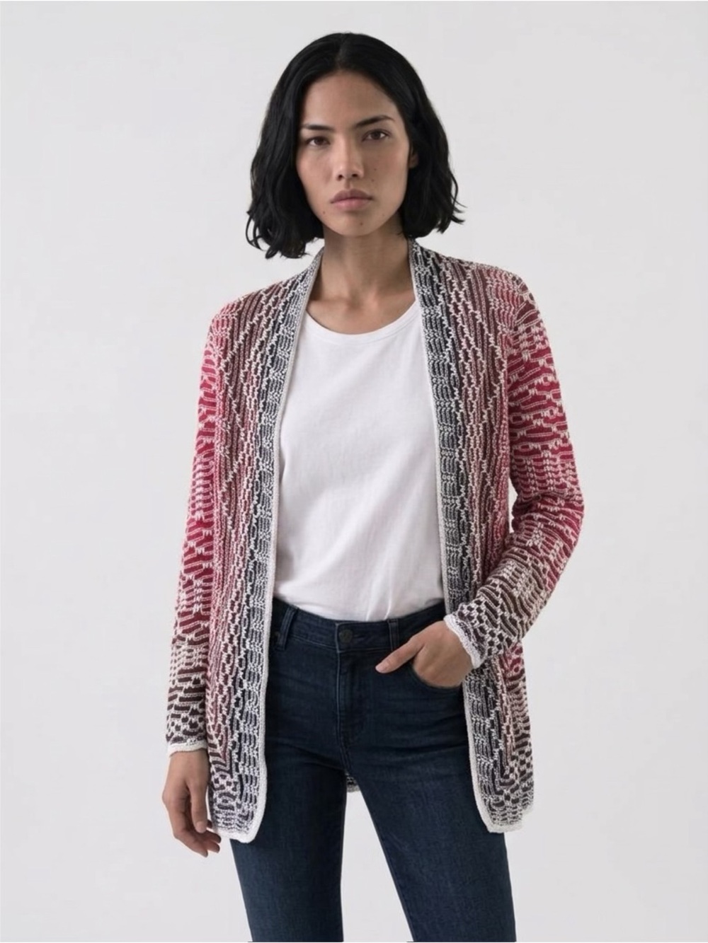Nic&Zoe Women's Open Knit Cardigan Ombre Design Sz LG Vibrant Red W/Brn&Wht